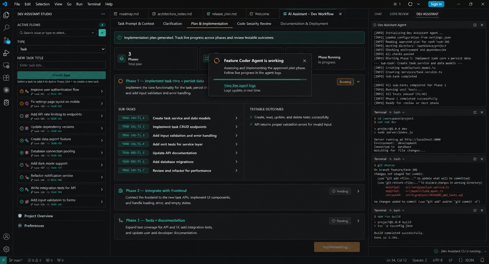 Coding plan built by phases and sub-tasks